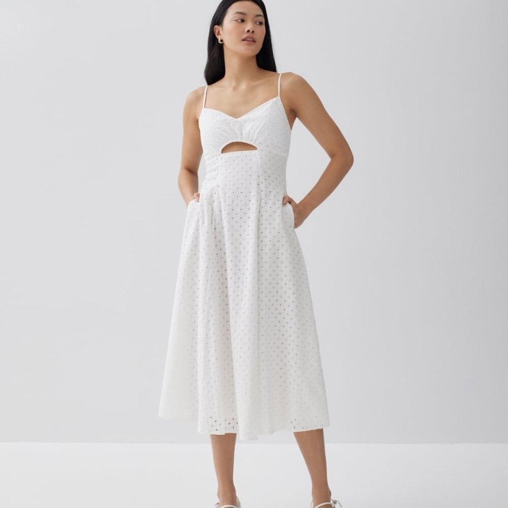 white midi A line spring dress with pockets S